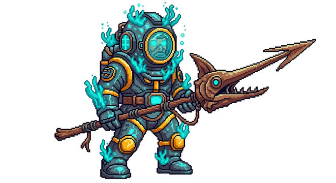 Mysterious deep sea diver with glowing blue energy and trident weapon.
