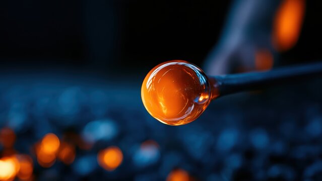 Crafting molten glass a fiery orange orb on a blowing pipe in a blurred industrial setting