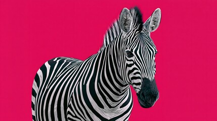 Fototapeta premium Bold pop art style illustration of a black and white striped zebra in close-up three-quarter view against a vivid hot pink magenta background