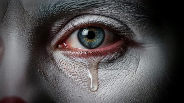 Macro shot of a blue eye with a single tear flowing over white theatrical makeup