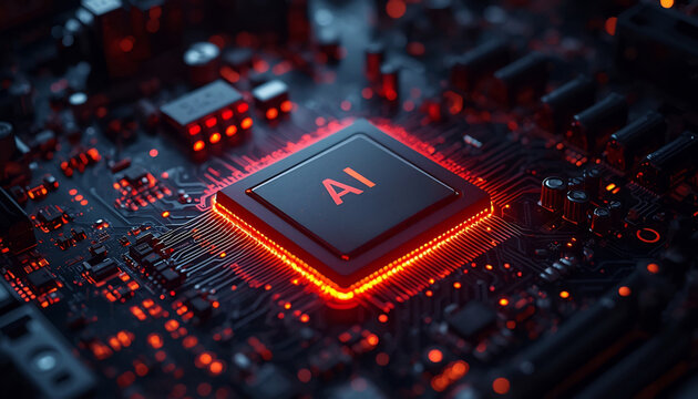 Microchip processor glowing with red light represents the power and complexity of modern artificial intelligence.