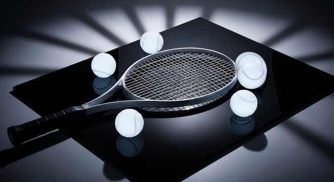 Tennis Racket and Balls Arranged Artistically on a Black Surface.