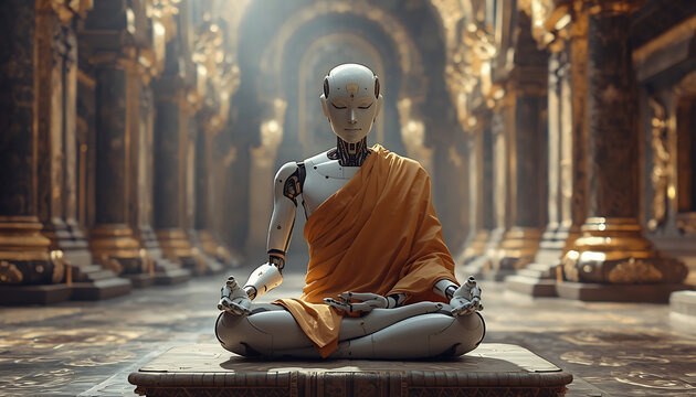 Robot monk wearing traditional orange robes sits in a meditative lotus position inside an ornate temple.