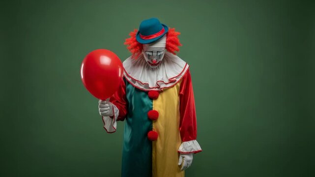 Clown in colorful costume holding a red balloon against a green background