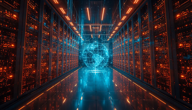 Server room interior contains a glowing digital globe floating in the center of a corridor lined with tall racks of network equipment.