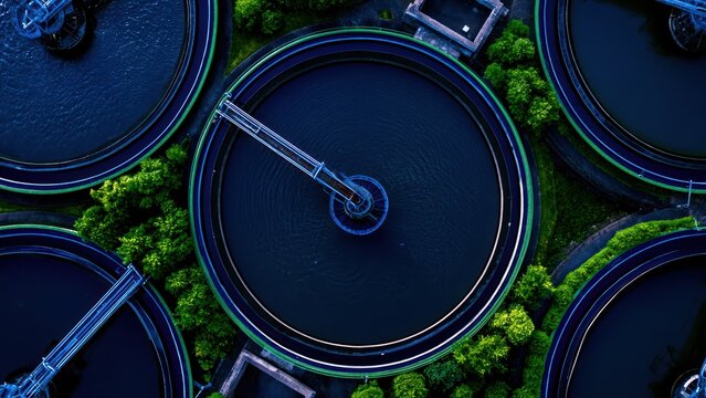 Overhead view of advanced water treatment plant featuring large circular clarifiers and lush greenery