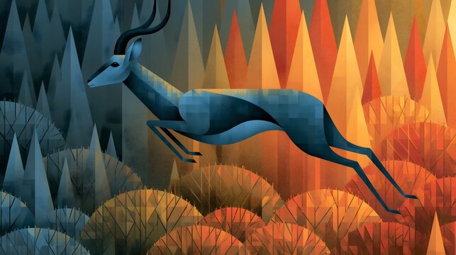 Geometric constructivist illustration of a leaping steel blue impala bounding through angular triangular trees across a warm to cool color gradient landscape