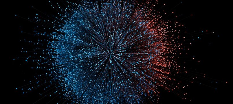 Abstract data particles on dark background. Generative AI technology.	
