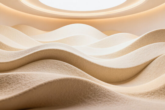 This 3D rendered abstract interior features soft, flowing wavy textured surfaces in warm neutral beige tones, with a circular overhead opening letting in bright light.