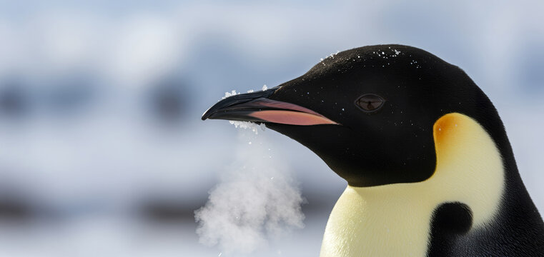 Emperor penguin head close up with breath visible in freezing cold air. Wildlife in Antarctica. Beautiful bird portrait showing extreme environment survival during winter season.