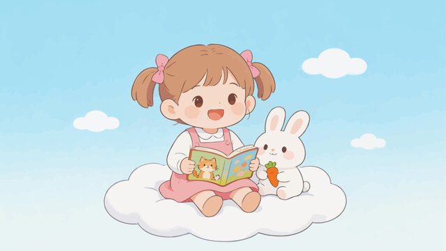 Cartoon girl reading with bunny on cloud