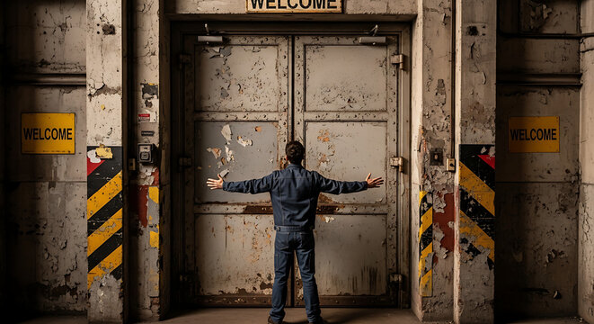 Man in dark jumpsuit standing before large, damaged industrial metal double doors with 'welcome' signs, arms outstretched in a gesture of surrender or invitation, grimy textured walls.