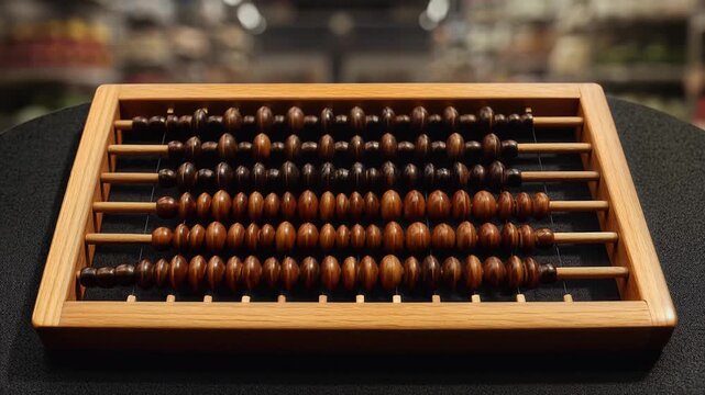 Polished wooden abacus with multiple rows of beads used for counting currency and calculations