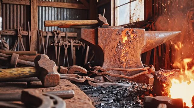 Blacksmith's workshop with a glowing anvil, fire burning, and various tools, close up shot