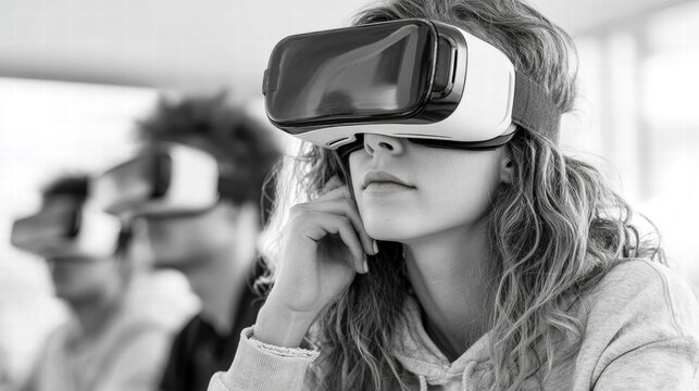 Woman wearing a VR headset in a virtual reality experience.