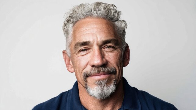 Portrait of a handsome, mature man with gray hair and a goatee smiling at the camera