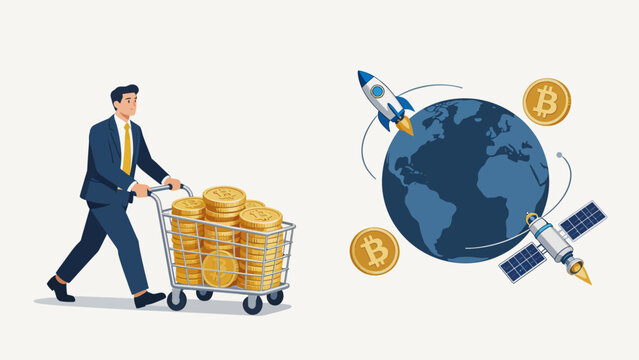 Businessman with shopping cart full of coins
