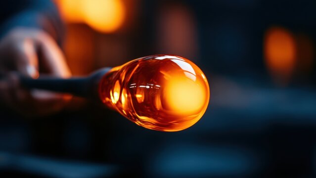 Close up of vibrant orange molten glass glowing intensely during skilled glassblowing process.