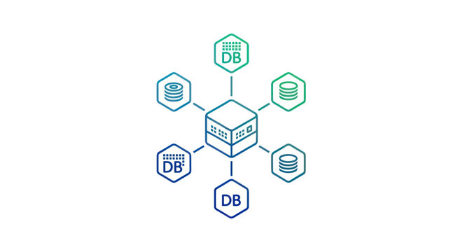 Centralized Database System Network with Hexagonal Nodes and Server Icon