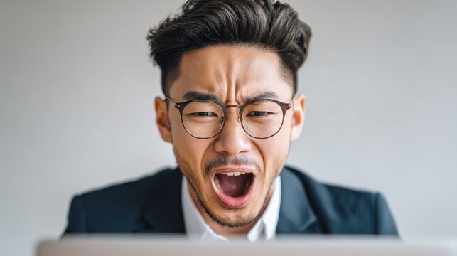 frustrated asian businessman with glasses looking at a laptop screen