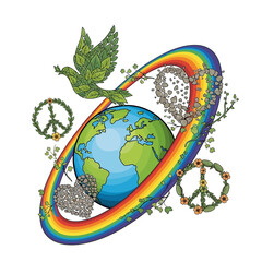 Naklejka premium Earth Symbolizes Peace and Unity with Rainbow and Dove Elements
