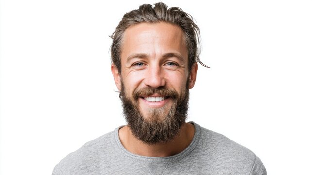 Smiling man with beard and long hair against a clean white background