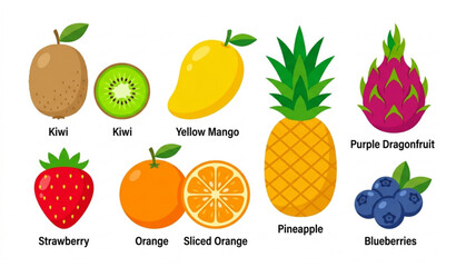 Fresh tropical fruit and berry vector set with juicy mango, pineapple, and strawberries for healthy dessert designs © GaziAbdur