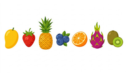 Fresh tropical fruit and berry vector set with juicy mango, pineapple, and strawberries for healthy dessert designs © GaziAbdur