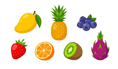 Fresh tropical fruit and berry vector set with juicy mango, pineapple, and strawberries for healthy dessert designs © GaziAbdur