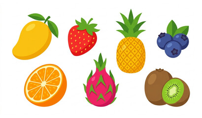 Fresh tropical fruit and berry vector set with juicy mango, pineapple, and strawberries for healthy dessert designs © GaziAbdur