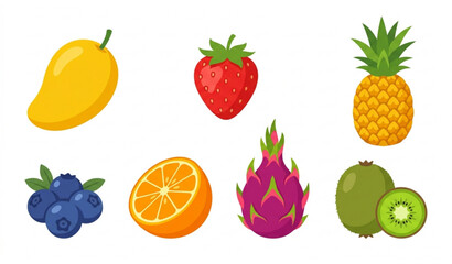 Fresh tropical fruit and berry vector set with juicy mango, pineapple, and strawberries for healthy dessert designs © GaziAbdur
