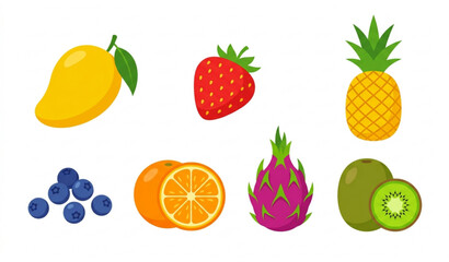 Fresh tropical fruit and berry vector set with juicy mango, pineapple, and strawberries for healthy dessert designs © GaziAbdur