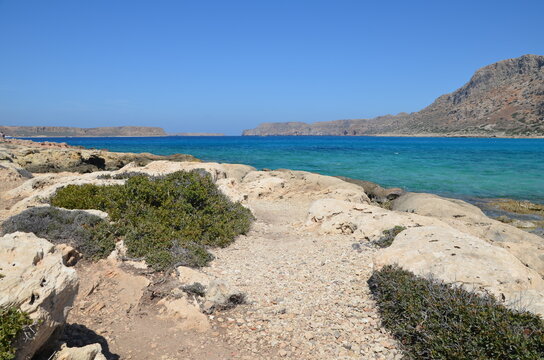 rocky landscape at the clear blue sea of Balos Lagoon, Crete, Greece