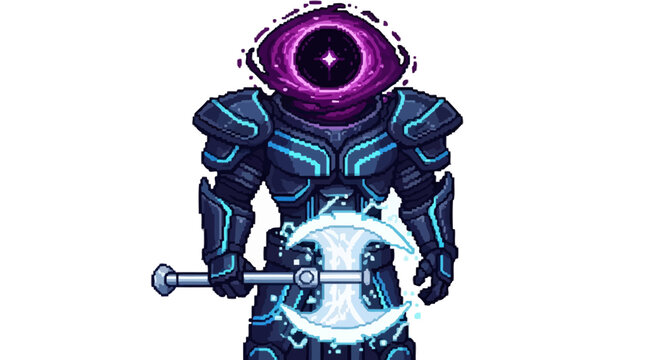 Mysterious Futuristic Warrior with Giant Eye Helmet and Energy Axe.