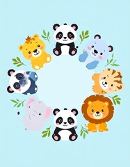 Fototapeta premium Süße Tierbabys im Kreis – Panda, Elefant und Löwe Illustration