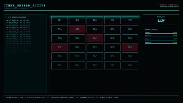 Futuristic Cyber Shield Active HUD with Cyan Digital Firewall Protocol and Live Network Traffic Packet Monitor Security Interface Screen.