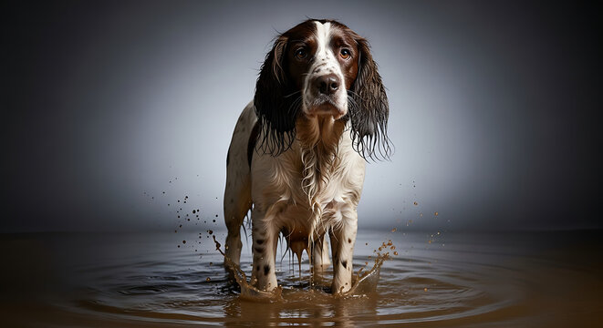Muddy springer spaniel dog splashing in water, playful pet portrait with water droplets flying, fun canine, wet fur, dynamic action
