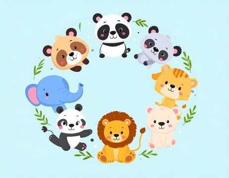 S&uuml;&szlig;e Tierbabys im Kreis &ndash; Panda, Elefant und L&ouml;we Illustration