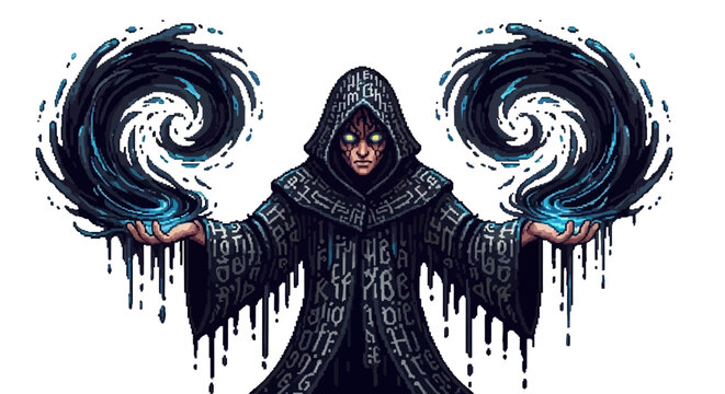 Mysterious hooded figure conjuring dark energy with glowing eyes.