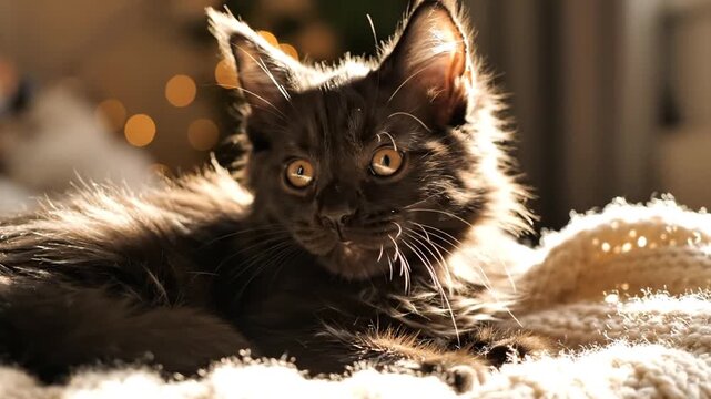 Black cat resting on textured blanket with warm sunlight