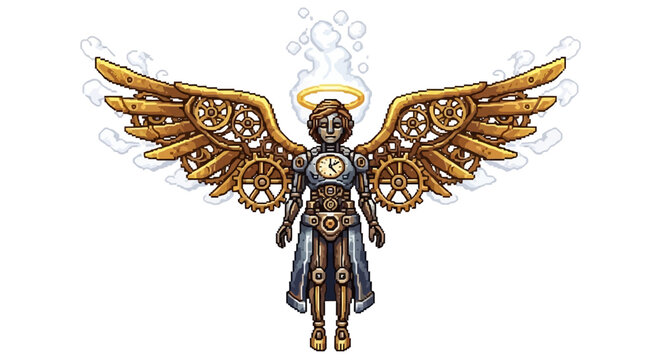 Steampunk Angel Mechanical Figure With Golden Wings.