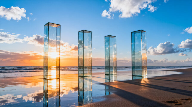 Four transparent glass pillar artworks stand on a wet coastal beach at sunset, with their reflections mirrored in the shallow tidal water under a cloudy blue sky.