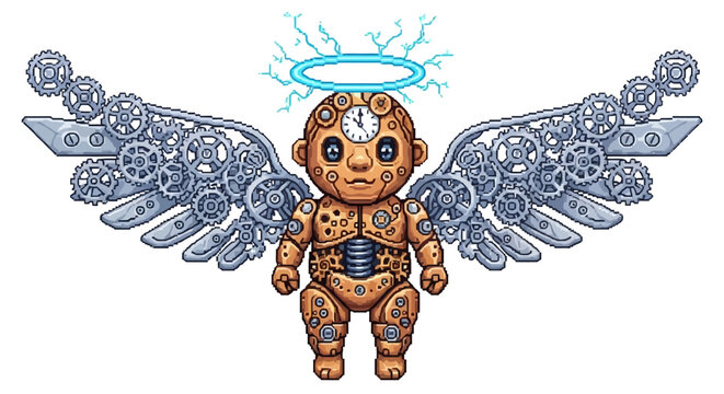 Steampunk mechanical baby angel with intricate gears and halo.