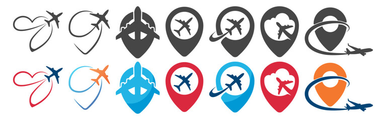 Airplane travel location icon set with pins, flight routes, heart, cloud and vector silhouettes © Pavlo