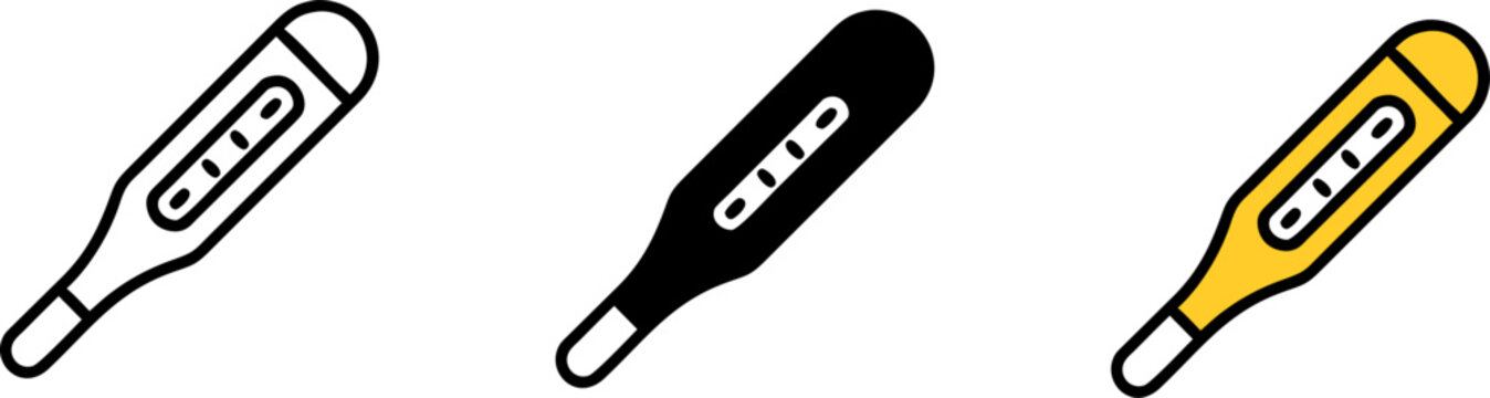 Set of 3 Digital Thermometer Icons - Fever Temperature and Medical Checkup Symbols in Outline Solid and Yellow Styles