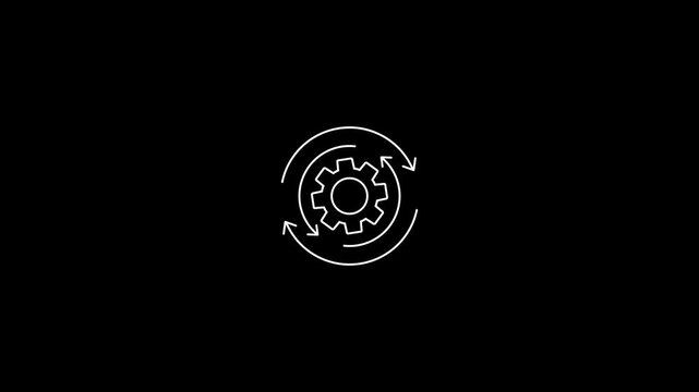 Mechanical rotation of a white gear wheel with circular arrows on black background illustrating continuous motion or process animation in white looping cycle