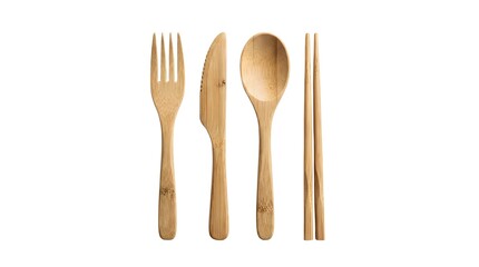 Top view of eco-friendly bamboo cutlery set on white background © Sigit_PY