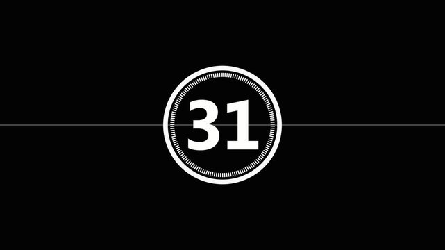 Retro movie countdown animation from thirty five to one second against monochrome background for film projects.