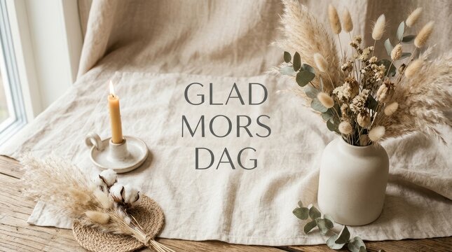 Minimalist Scandinavian design with clean typography &ldquo;Glad Mors Dag&rdquo;, soft beige and cream tones, dried flowers and pampas grass