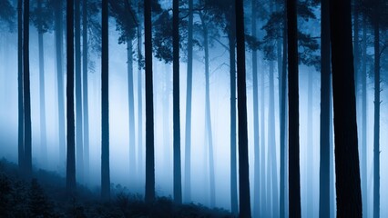 Obraz premium Dreamlike blue forest with towering tree silhouettes emerging from a thick, enchanting mist